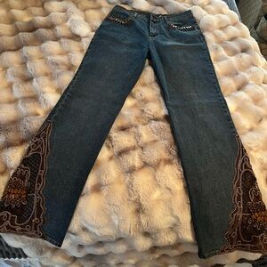 Diane Gilman Blue Jeans with Intricate Brown Embroidery. Great condition.
